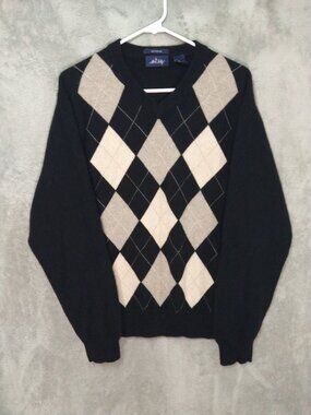 Allen Solly Cashmere Sweater Mens Large Black Argyle V Neck Pullover